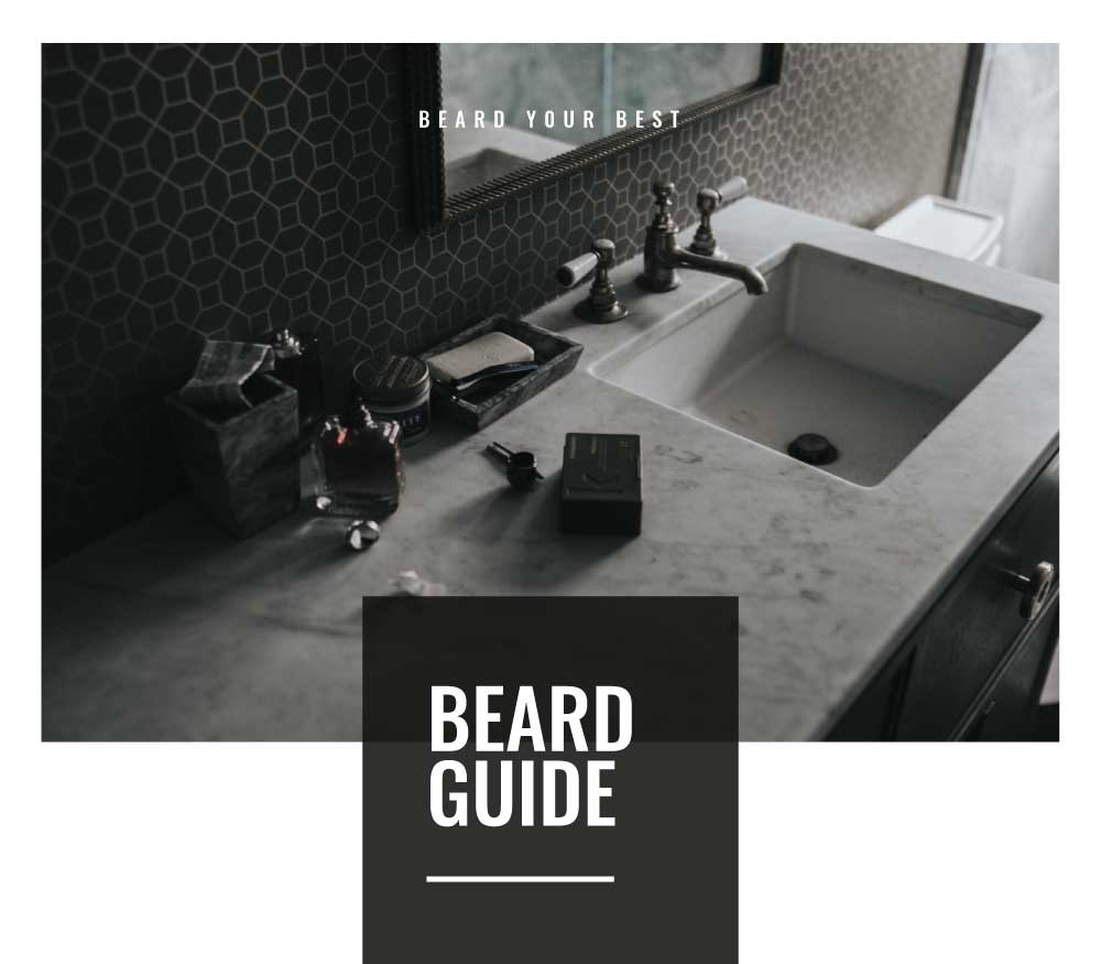 Beard Routine Guide in a black and white bathroom
