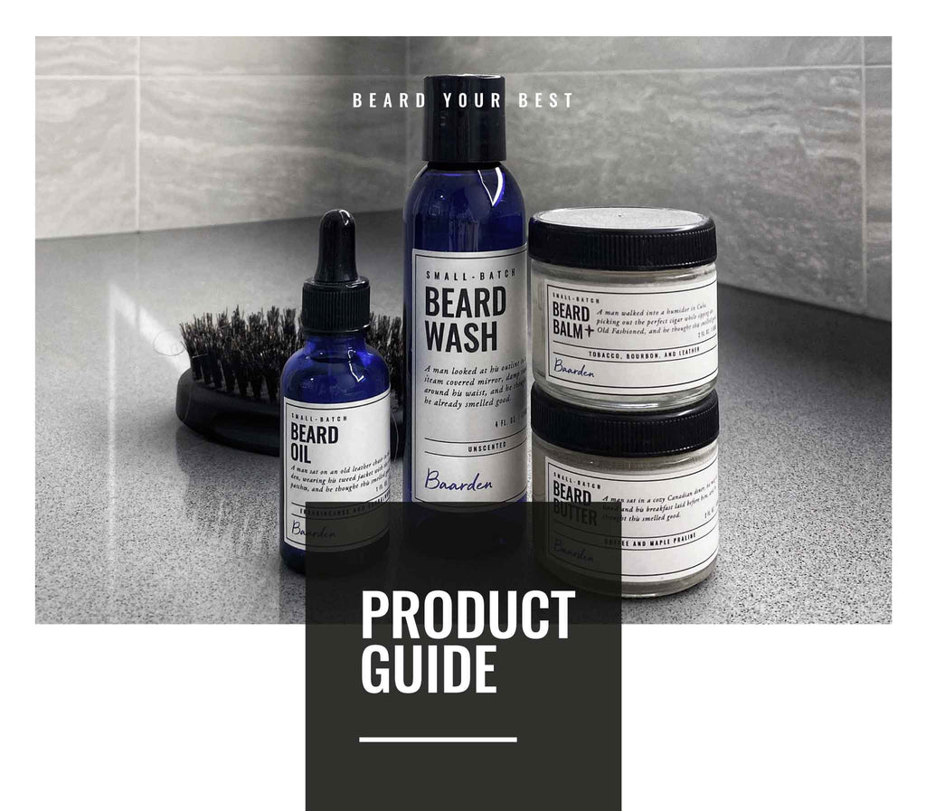 Baarden beard oil, wash, butter, balm and brush in a grey bathroom